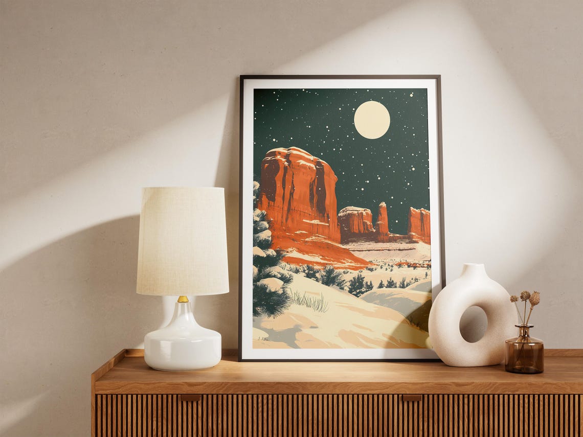 Arches National Park Winter Night Poster with Snowy Red Rock Cliffs - Image 5