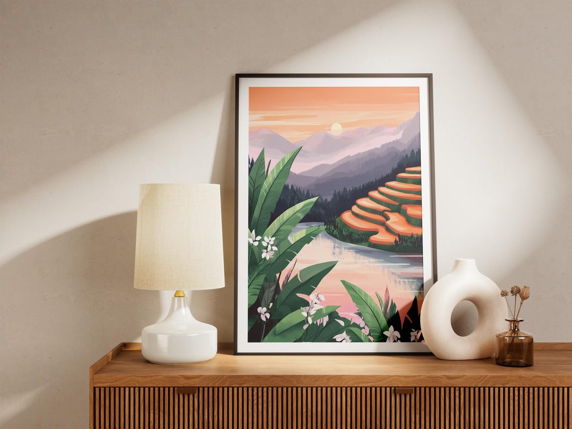 Tropical Rice Terraces Dawn Misty Mountains Landscape Poster - Image 5