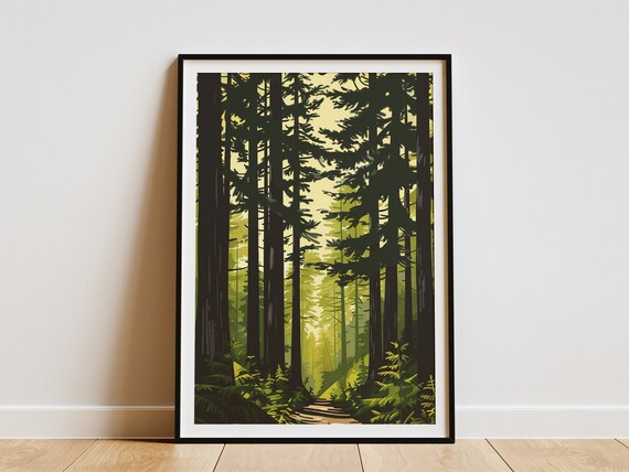 Oregon Forest Tall Pines Sunlight Trail Vintage Nature Poster