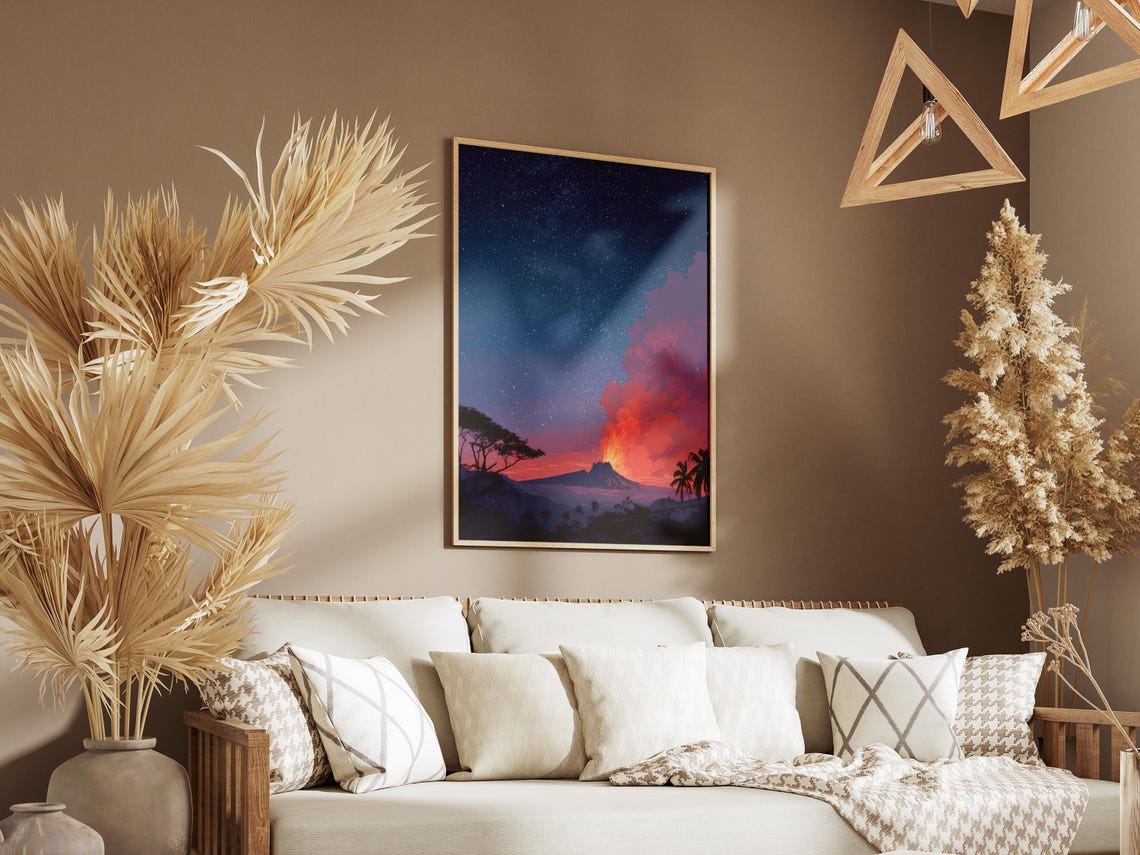 Dramatic Erupting Volcano Starry Night Sky Tropical Landscape Poster - Image 3