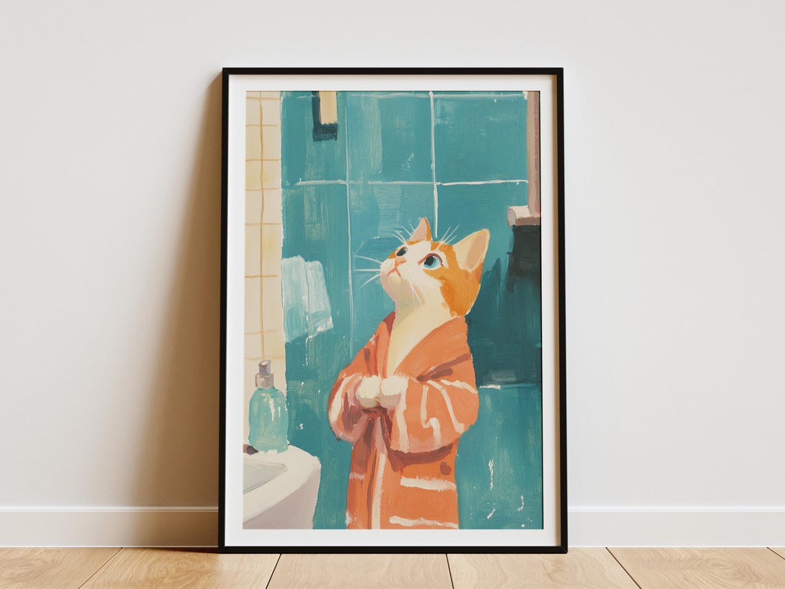 Kitten in an Orange Bathrobe Looking Up Cute Bathroom Poster