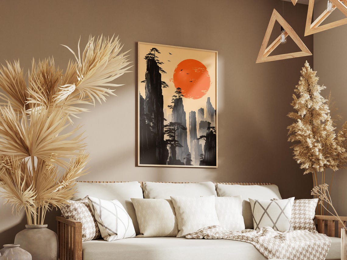 Asian Stone Forest Pillars with Ink Wash Sunset Art Poster Scenic - Image 3