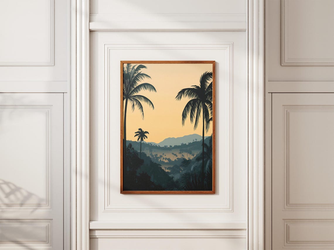 Gabon National Park Palm Silhouettes Dusk Misty Valley Poster - Image 2