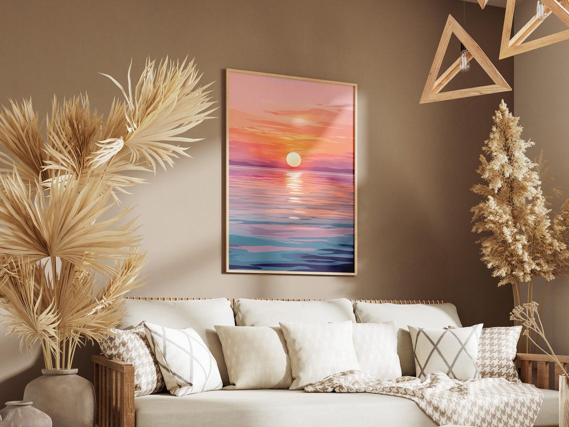 Pink and Orange Sunset Sun Reflecting on a Calm Ocean Sea Poster - Image 3