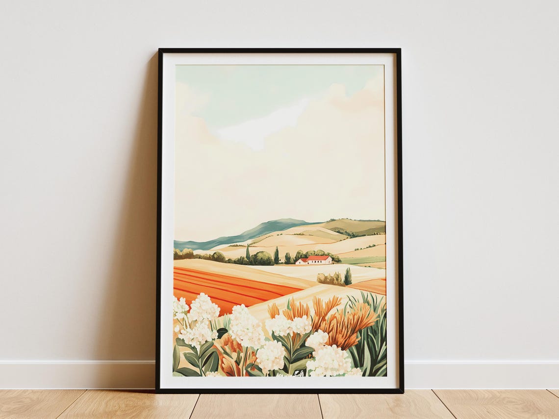 Countryside Farmhouse With Orange Plowed Fields Spring Poster