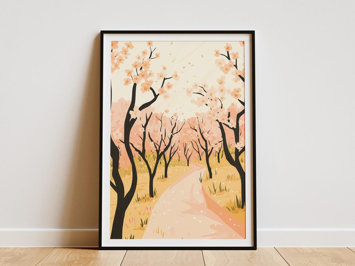 Pink Blossom Orchard Path Spring Trees Falling Petals Poster