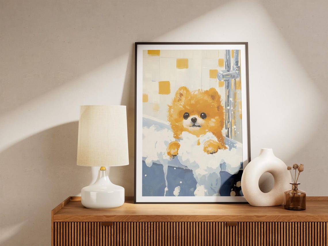 Pomeranian Puppy in Foamy Blue Tub Bubble Bath Cute Puppy Dog Poster - Image 4