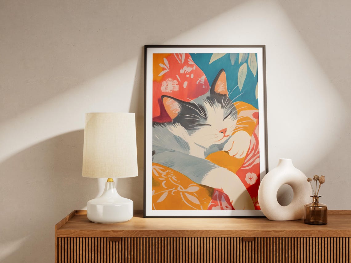 Sleeping Gray Cat on Floral Bed Matisse Style Colorful Art Poster - Image 4