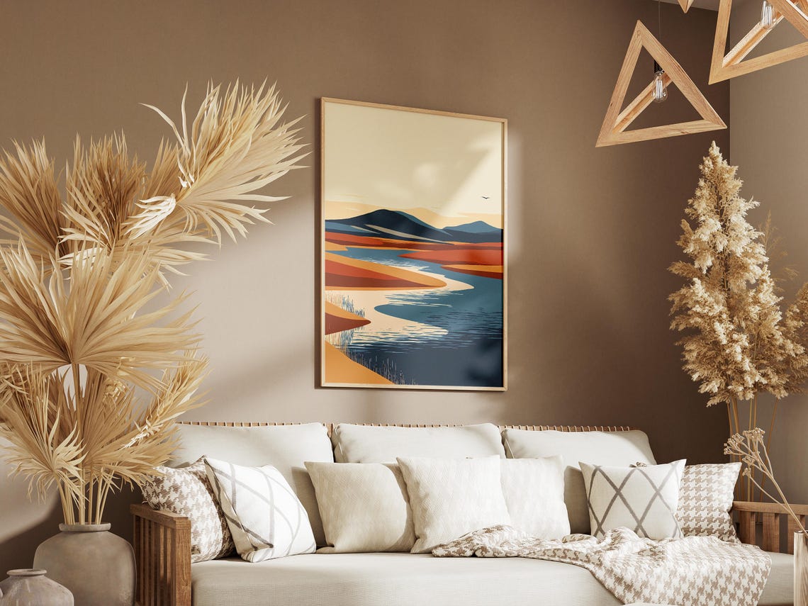 Abstract Steppe River Sunset Rust Orange Plains Landscape Poster - Image 3
