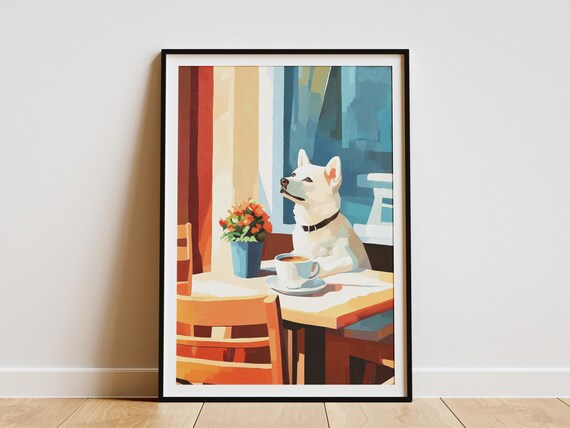 White Husky Coffee Poster Dog Cafe Wall Decor Animal Lover Gift Decor