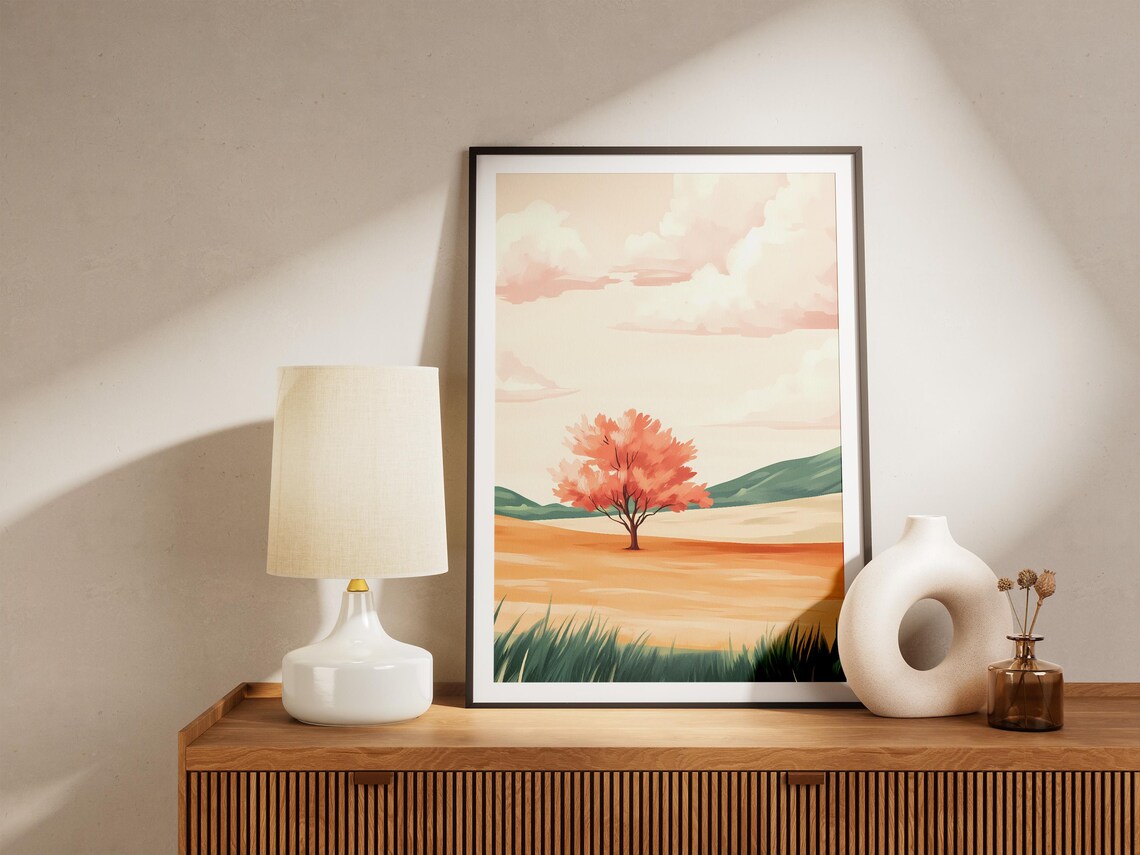 Solitary Orange Blossom Tree In Golden Field Landscape Poster - Image 5