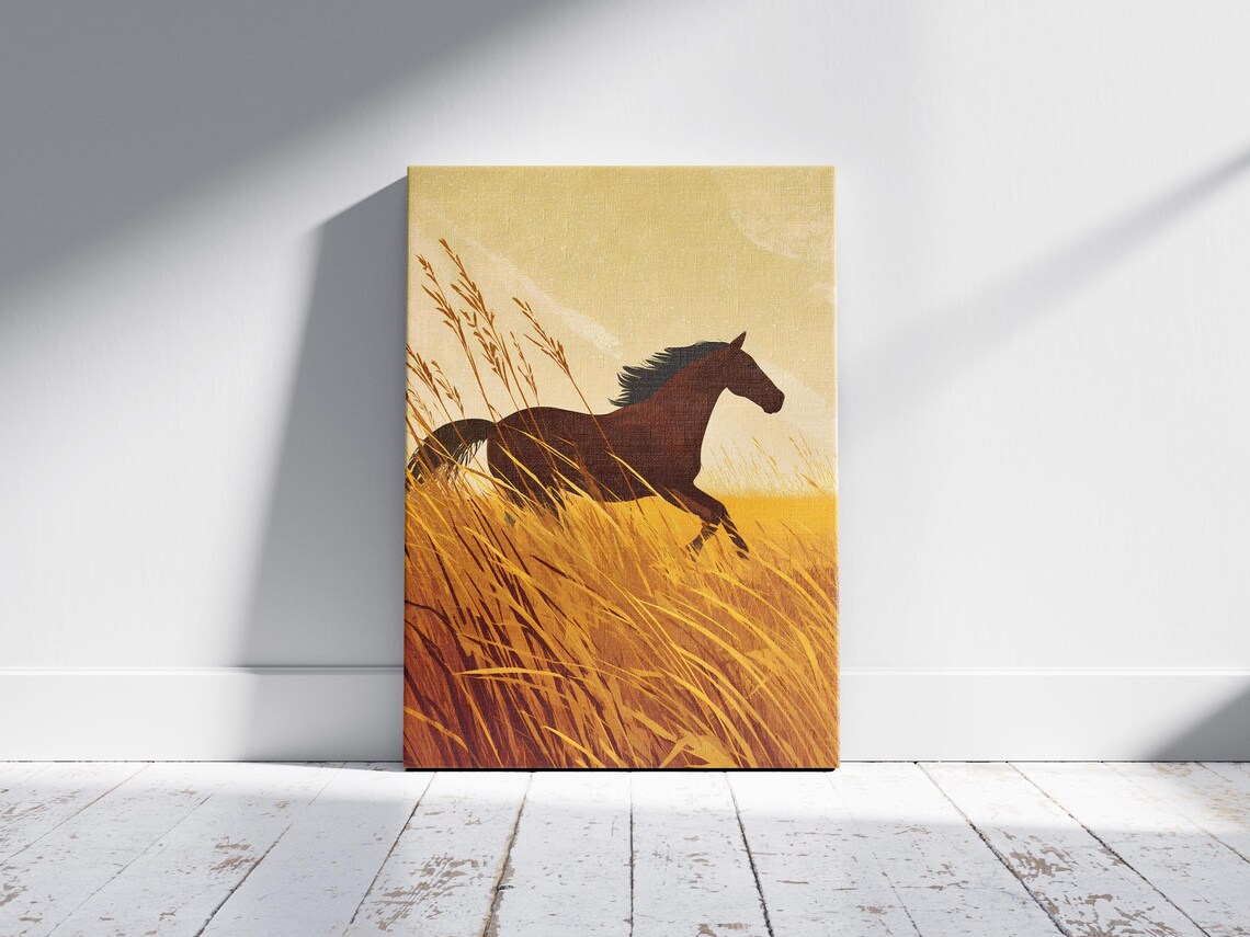 Wild Horse Running Golden Prairie Grass Vintage Western Art Poster - Image 2