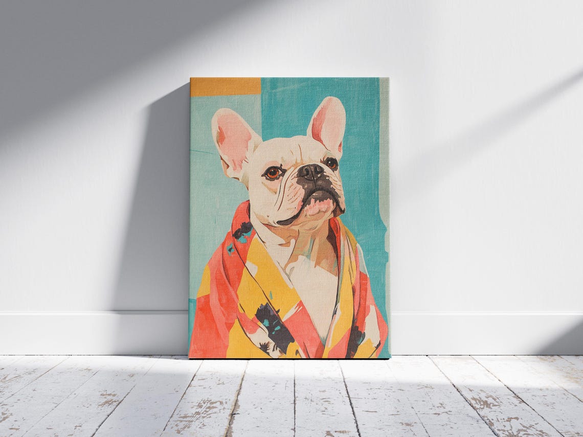 French Bulldog Red Patterned Bathrobe Teal Modern Cute Dog Art Poster - Image 2