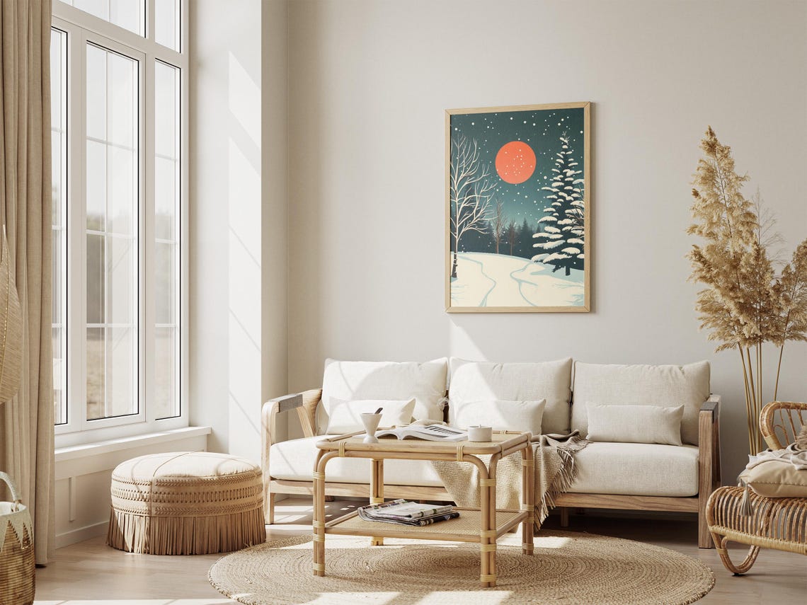 Snowy Winter Forest Under a Red Moon with Falling Snow Poster - Image 4