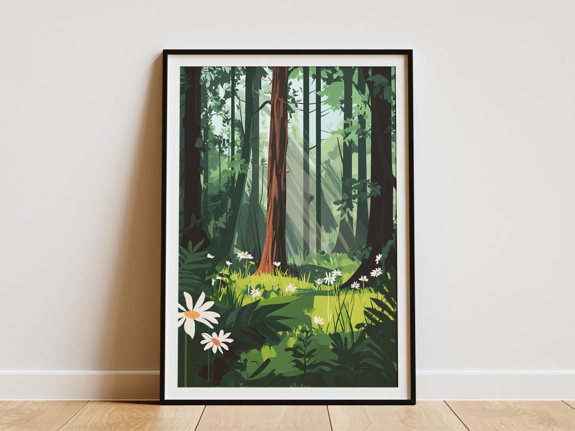 Sunlit Redwood Forest Clearing Daisy Meadow Botanical Poster