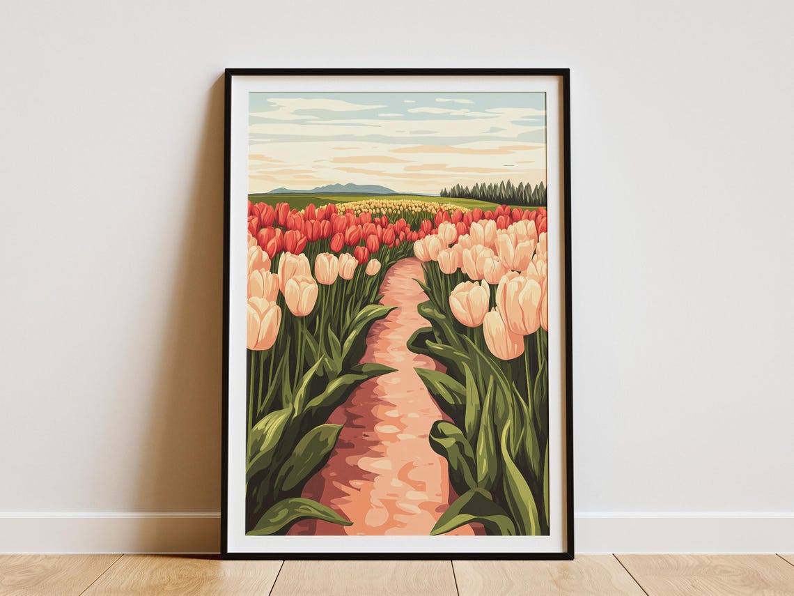 Red Blush Tulip Field Path With Distant Mountains Spring Art Poster