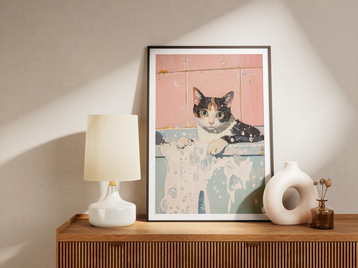 Calico Cat in a Bathtub with Bubbles Pink Tiles Pet Art Poster - Image 4