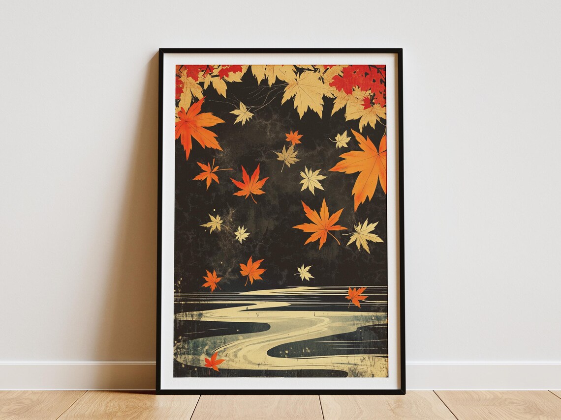 Autumn Maple Leaves, Japanese River Landscape Art Print
