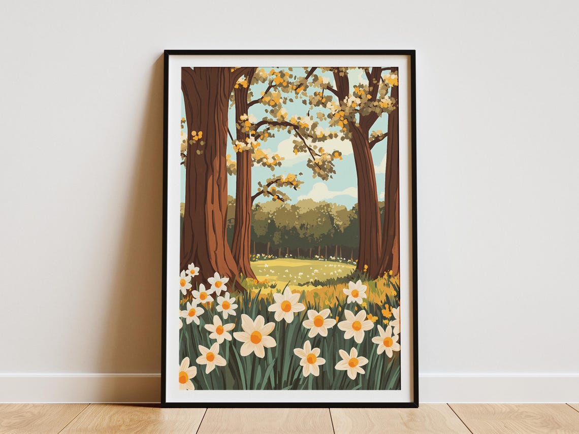 White Daffodils Beneath Towering Oak Trees Poster in Spring Meadow