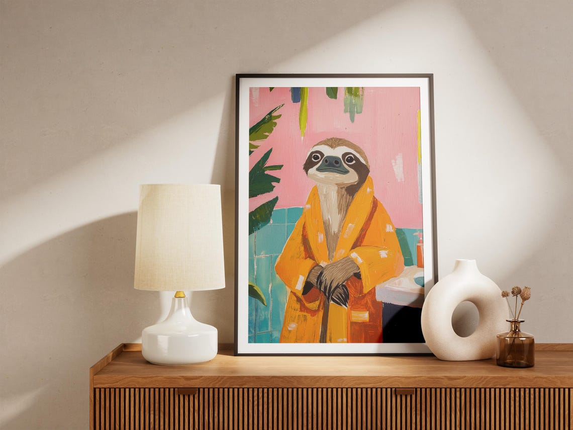 Sloth in Orange Bathrobe Pink Wall Tropical Bathroom Art Poster - Image 5