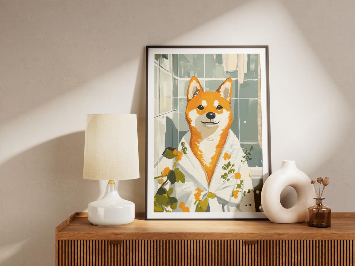 Smiling Shiba Inu Floral Bathrobe Spa Day Dog Artwork Poster - Image 4
