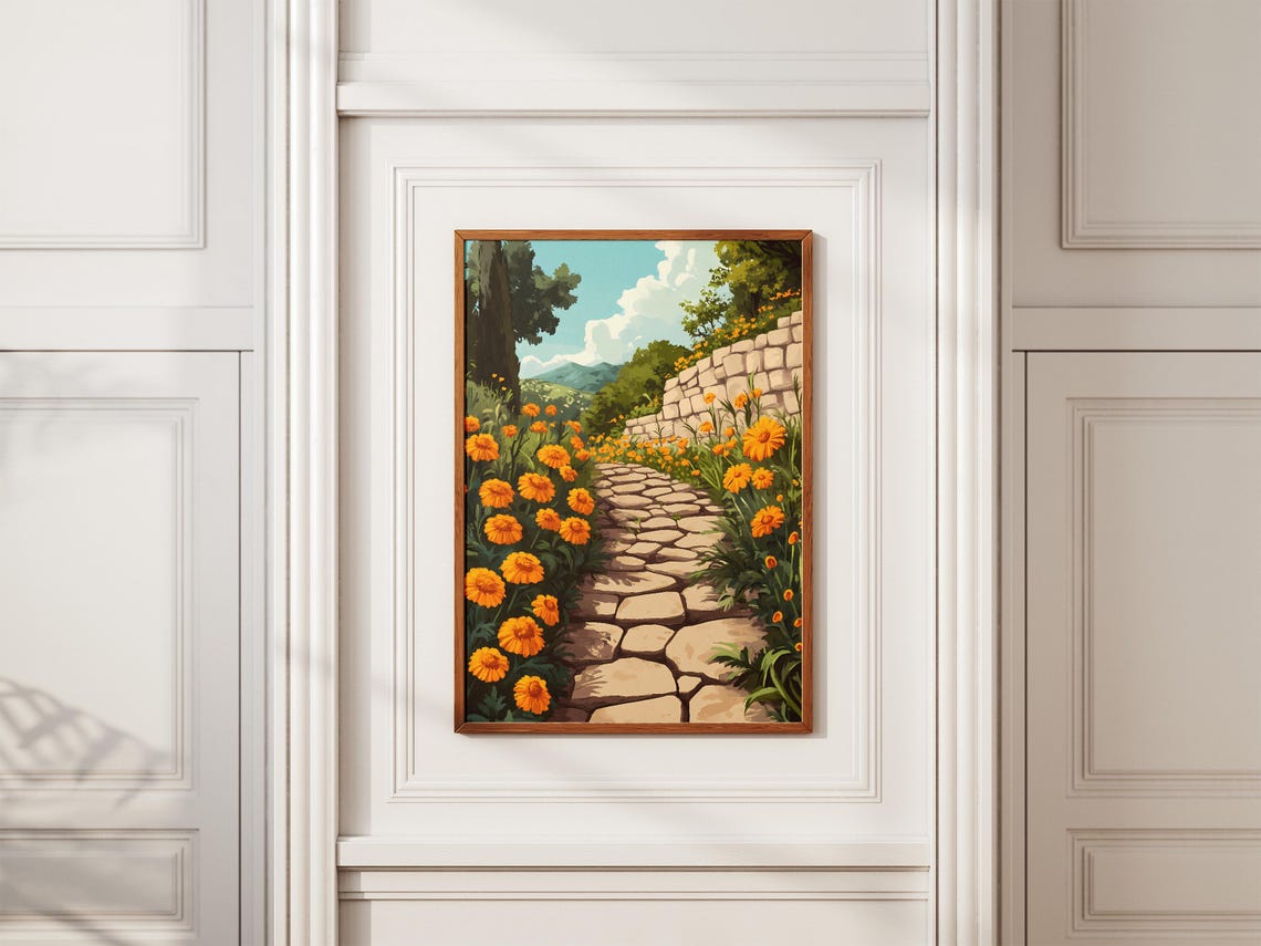 Orange Marigolds Along Stone Garden Path Sunny Garden Scene Poster - Image 2