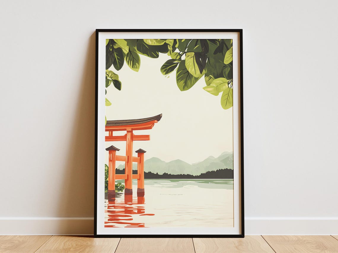 Red Torii Gate Standing in Water Mountain Lake Scenic Poster