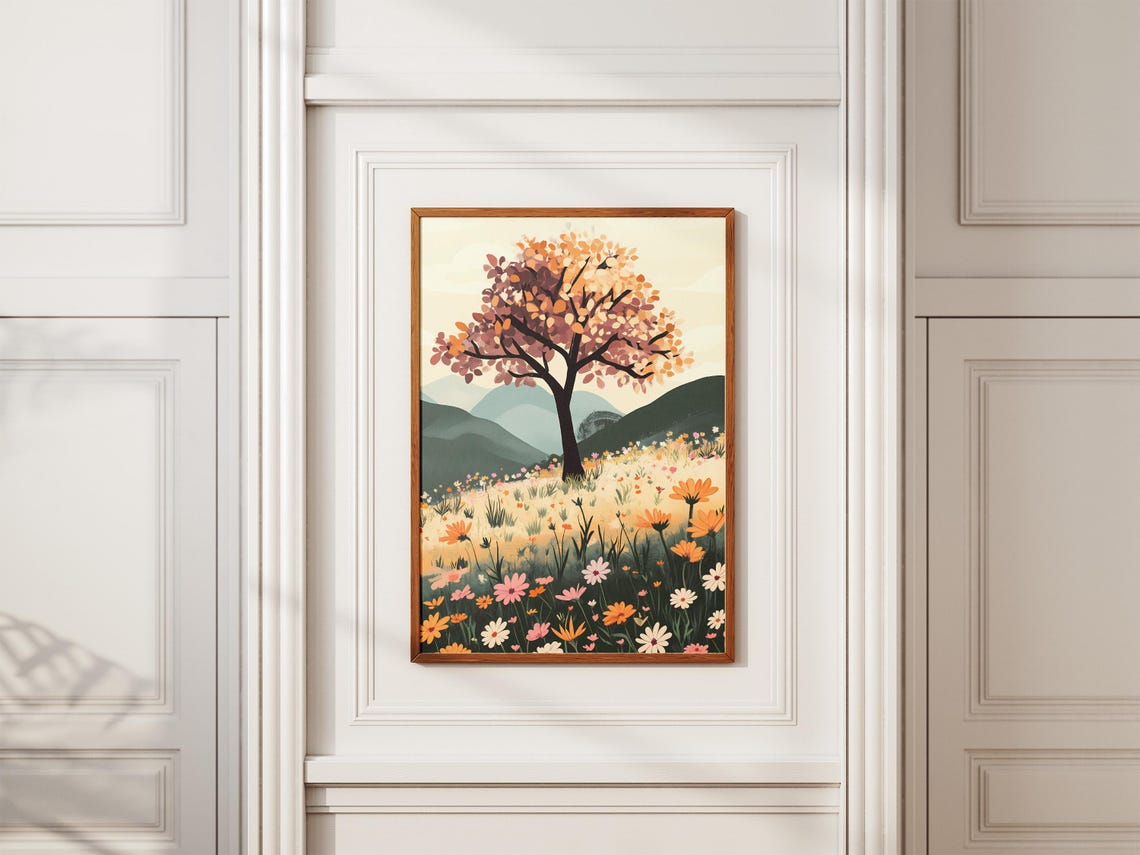 Lone Autumn Tree in an Orange Wildflower Meadow Hills Art Poster - Image 2