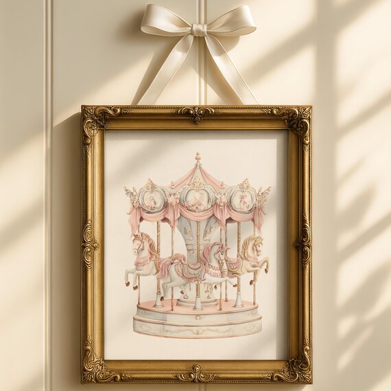 Blush Pink Vintage Carousel Nursery Watercolor in Gold Frame Wall Art
