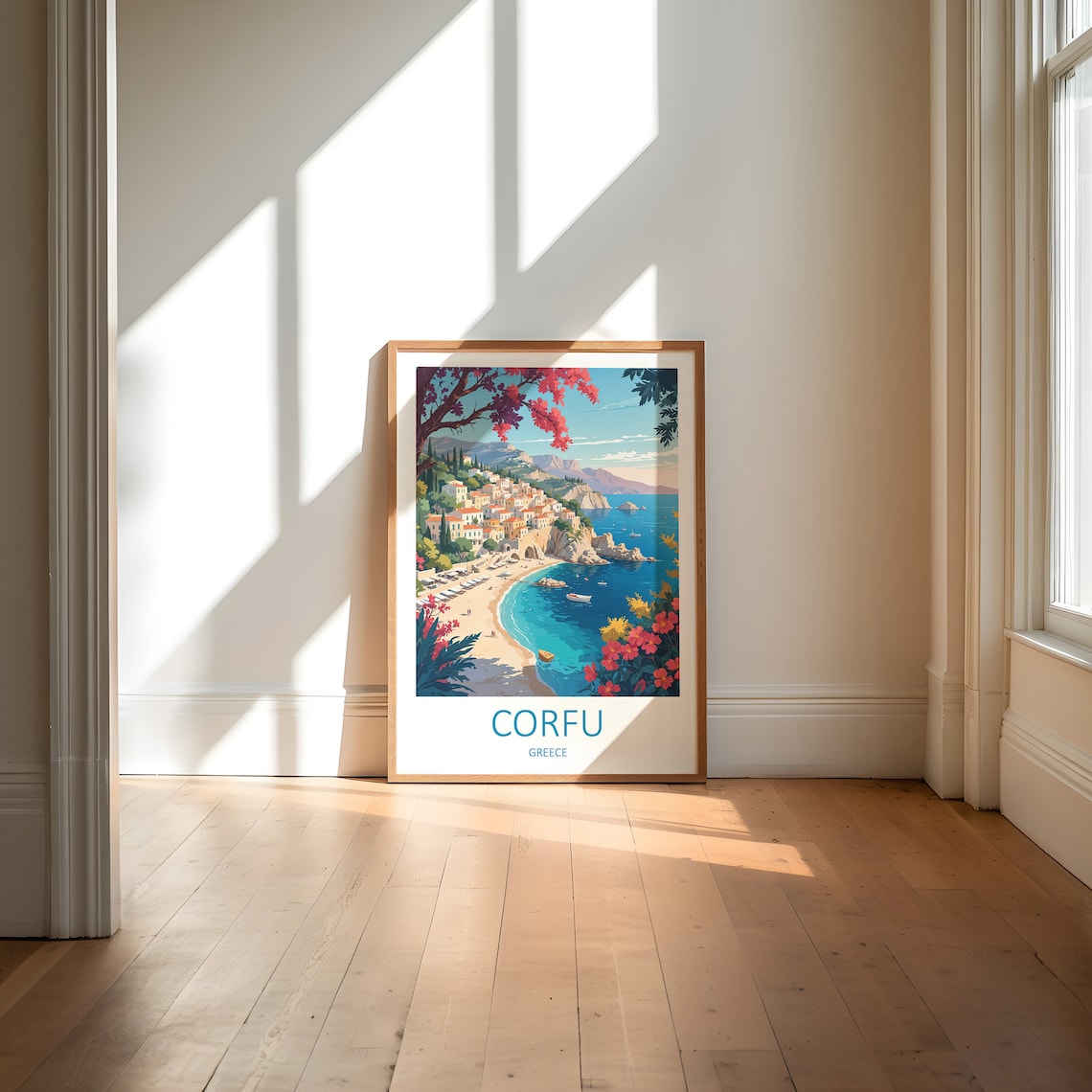 Corfu Greece Scenic Coastal Town With Flowering Bay View Poster - Image 6