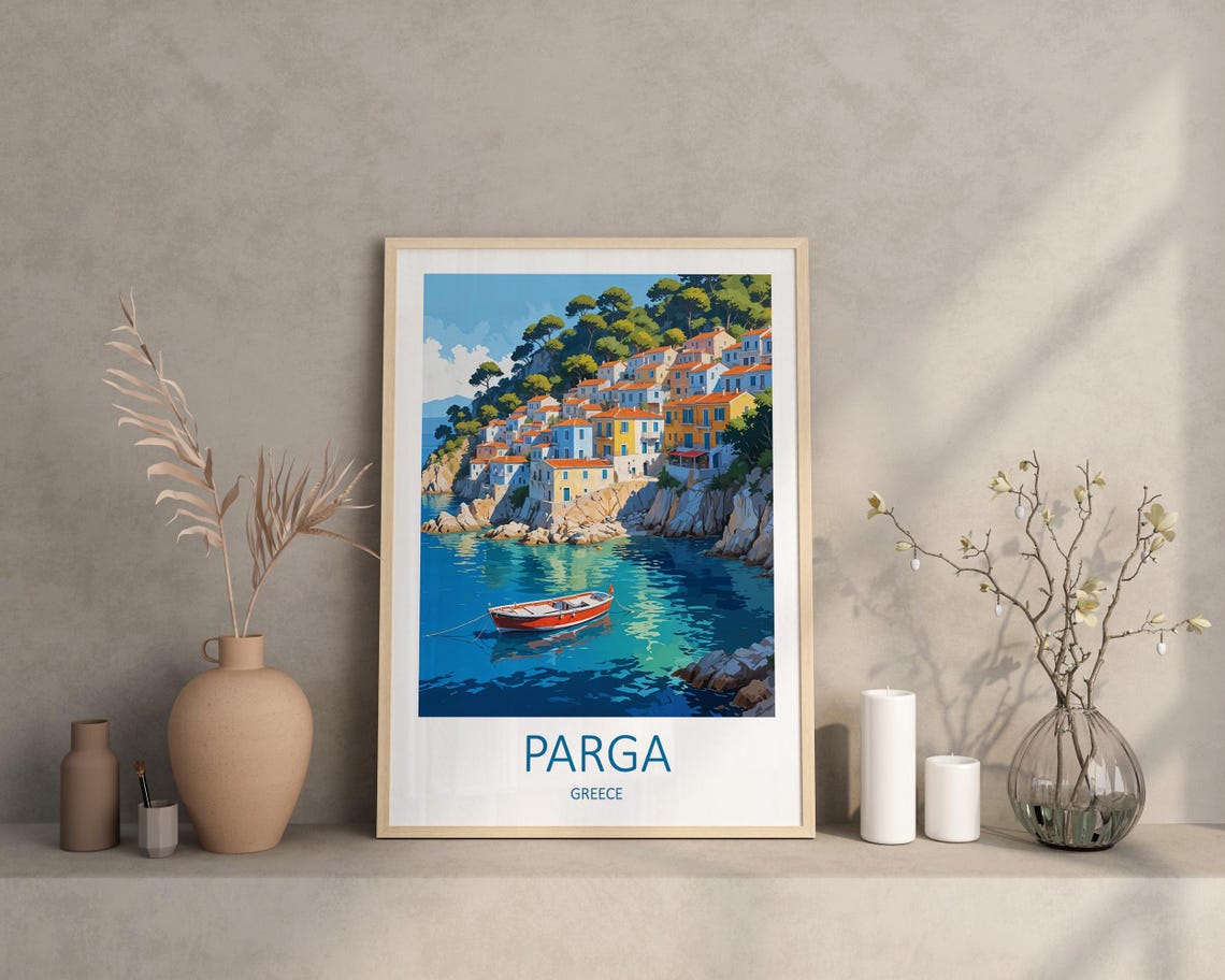 Parga Greece Hillside Bay Village Harbor Boat Vintage Travel Poster - Image 3