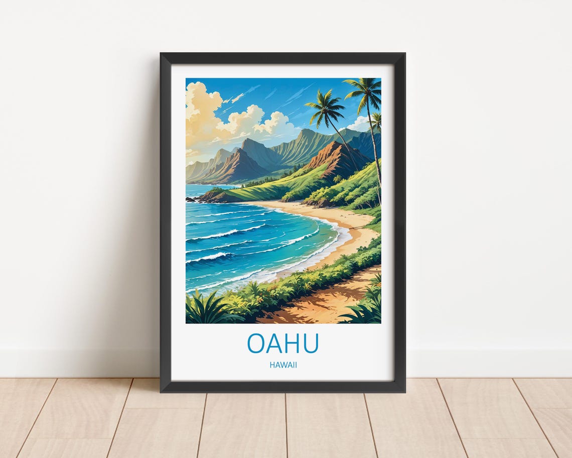 Oahu Hawaii Beach With Green Mountains and Turquoise Surf Poster