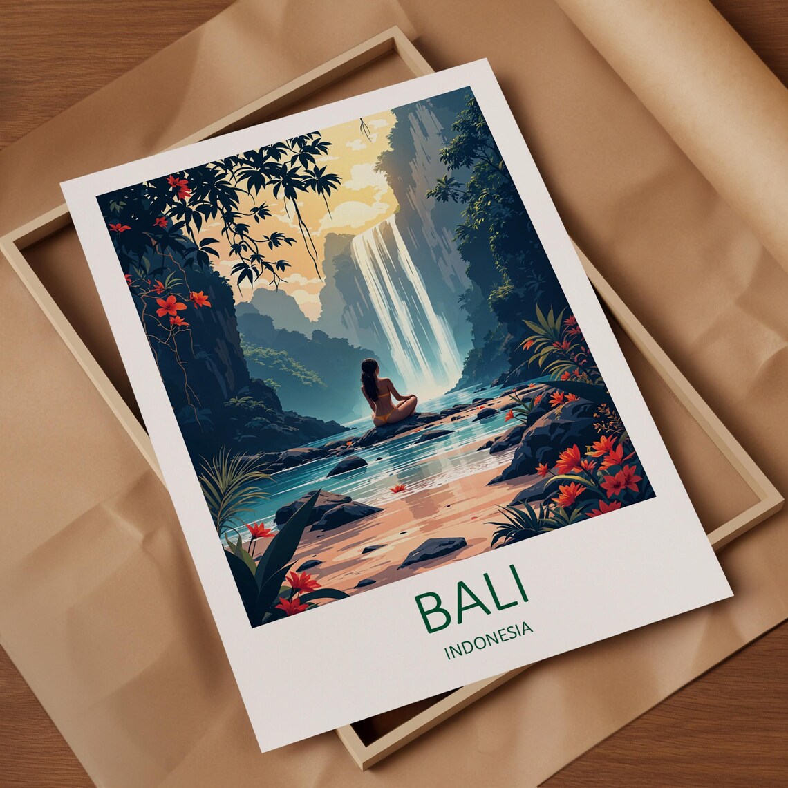 Bali Indonesia Waterfall Oasis With Meditating Figure Poster - Image 4