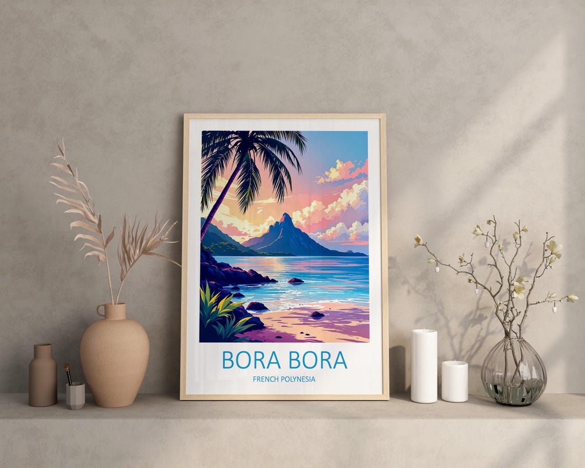 Bora Bora French Polynesia Sunset Palm Beach Over Lagoon Island Poster - Image 3