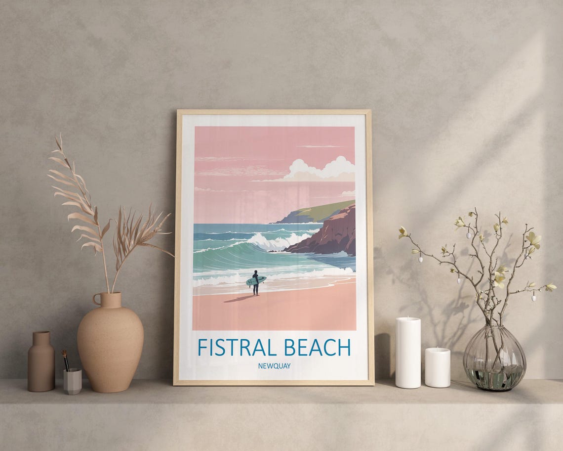 Fistral Beach Newquay Surfer Pink Sunset Cornwall Waves Poster - Image 2