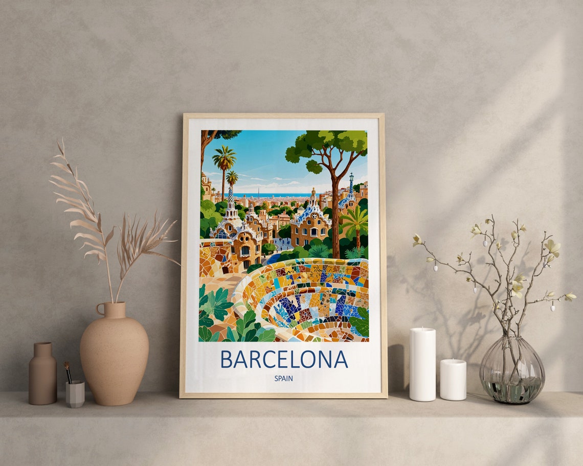 Barcelona Spain Park Guell Gaudi Mosaic Terrace Travel Poster - Image 4