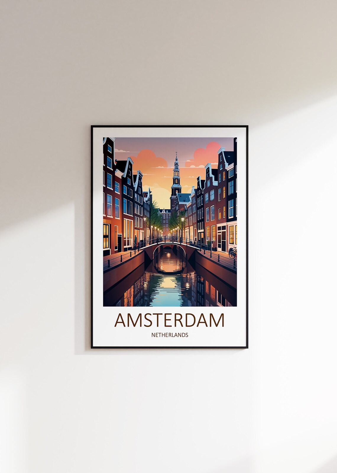 Amsterdam Netherlands Canal Houses Dusk Bridge Lights Travel Poster - Image 3