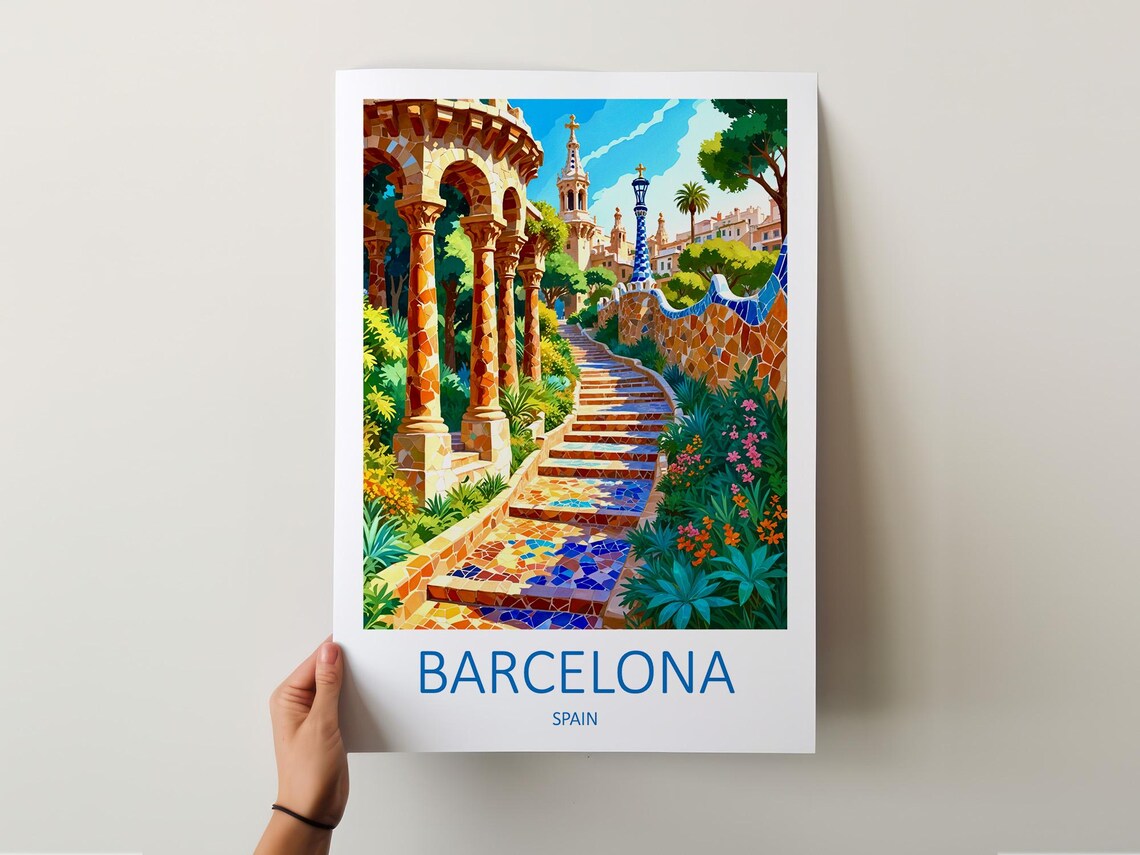 Barcelona Spain Park Guell Mosaic Stairs Gaudi Garden Art Poster - Image 5