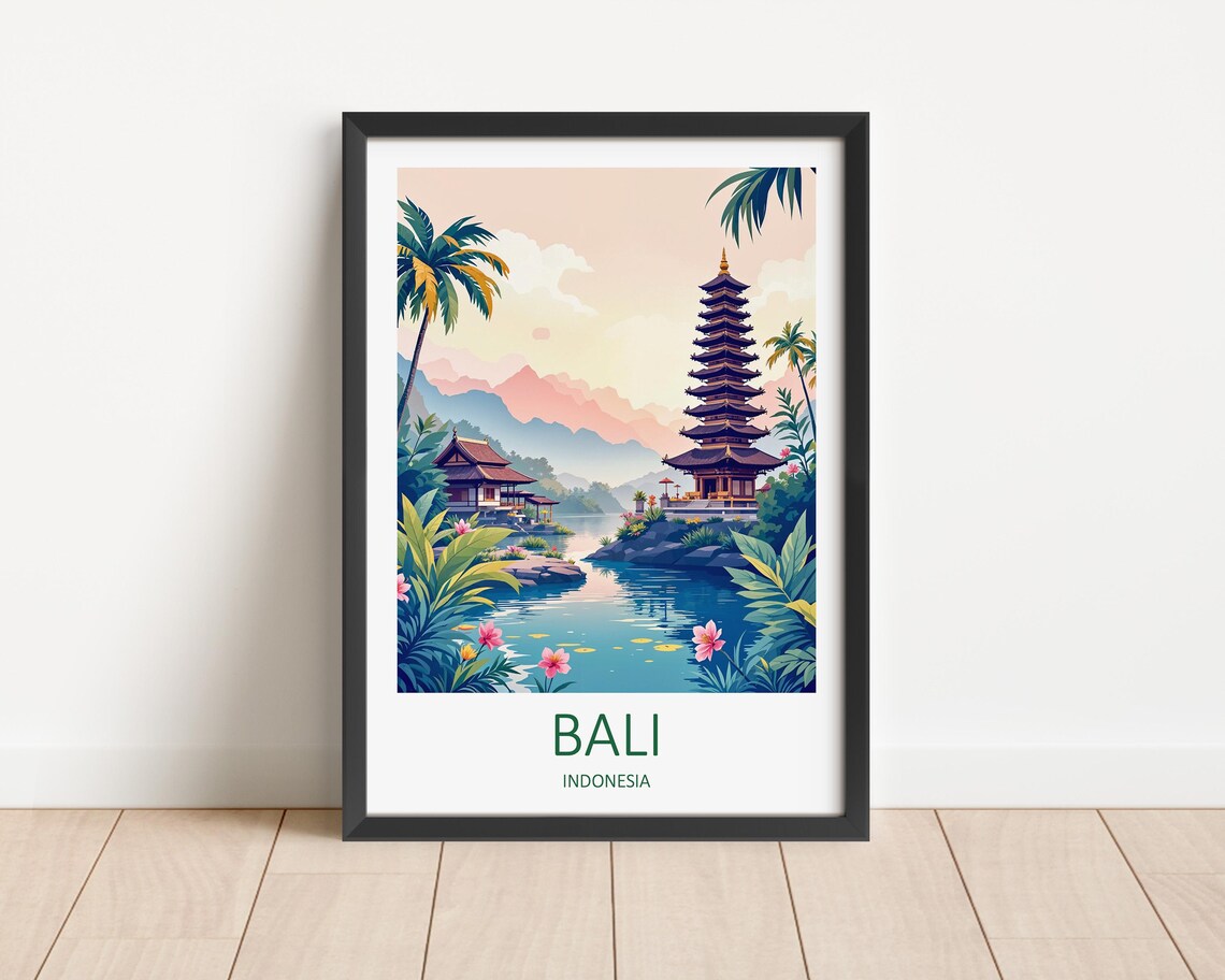 Bali Indonesia Lake Temple Pagoda Tropical Palms Garden Poster