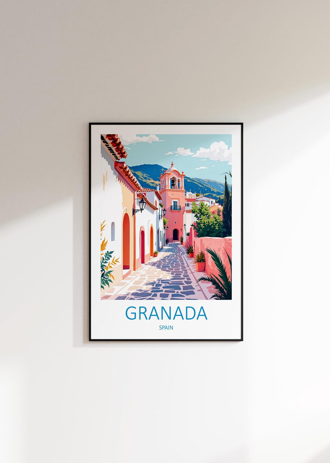Granada Spain Whitewashed Alley With Bell Tower and Hills Poster - Image 2