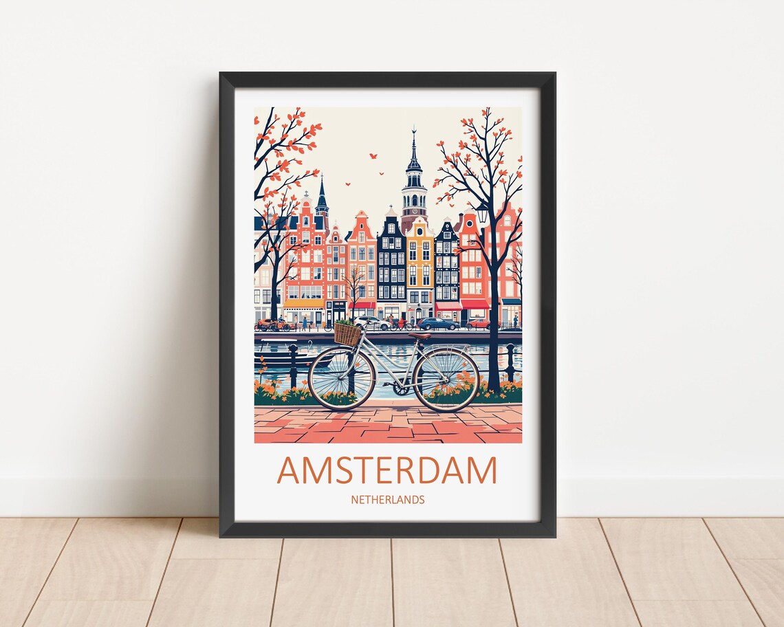 Amsterdam Netherlands Canal Bicycle Gabled Houses Classic Poster