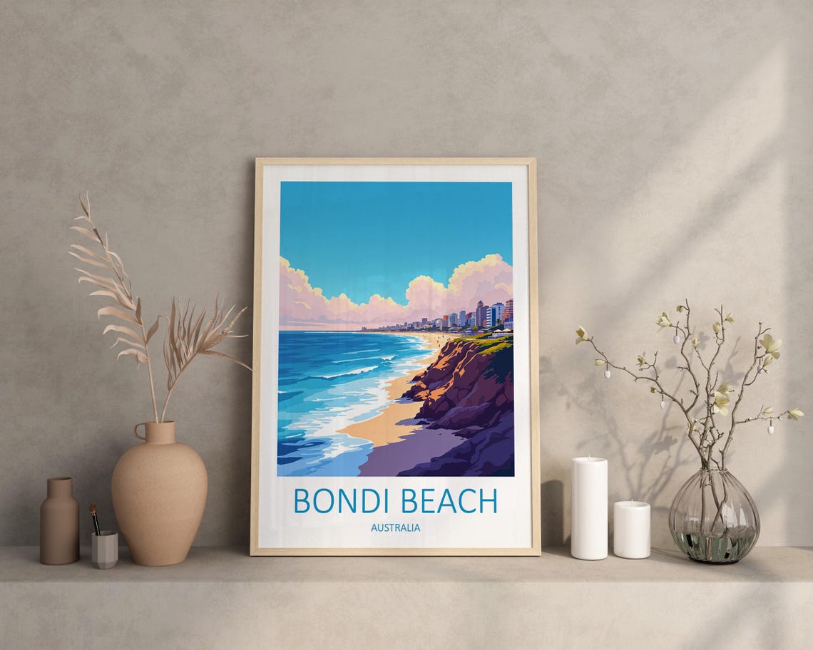 Bondi Beach Australia Surf Beach Cliffs and City Skyline Poster - Image 2