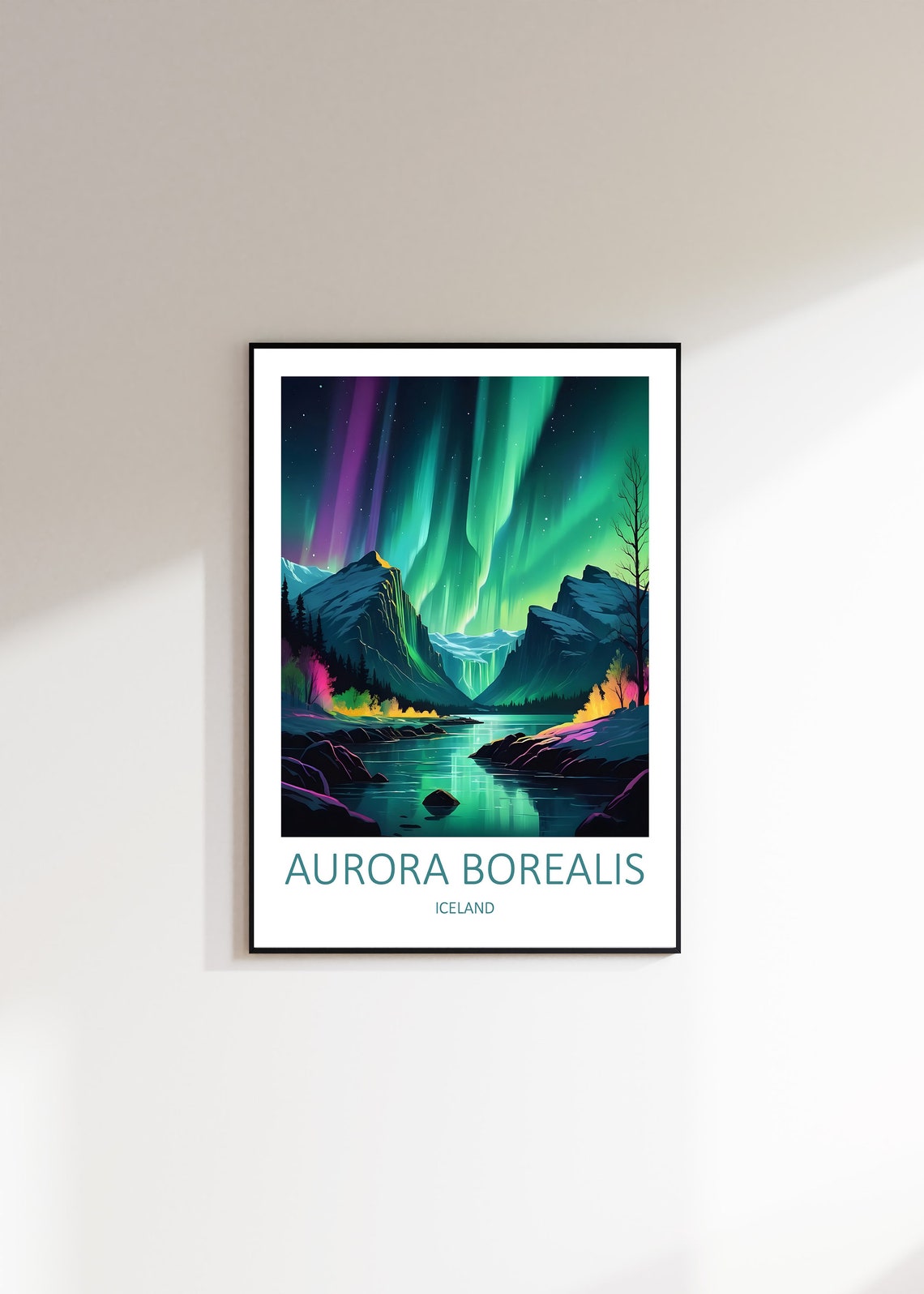 Aurora Borealis Iceland Night Mountain Lake Glow Travel Poster - Image 3
