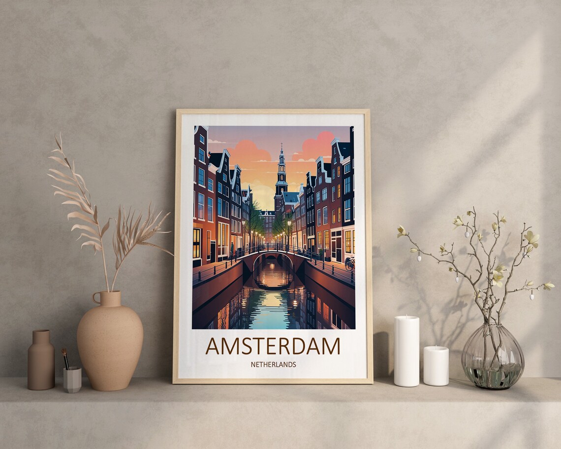 Amsterdam Netherlands Canal Houses Dusk Bridge Lights Travel Poster - Image 4