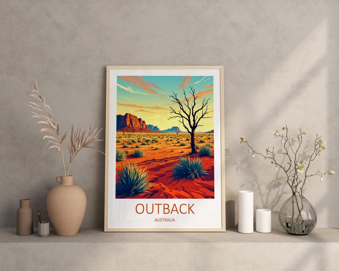 Outback Australia Red Desert Sunset Bare Tree and Mesa Peaks Poster - Image 2