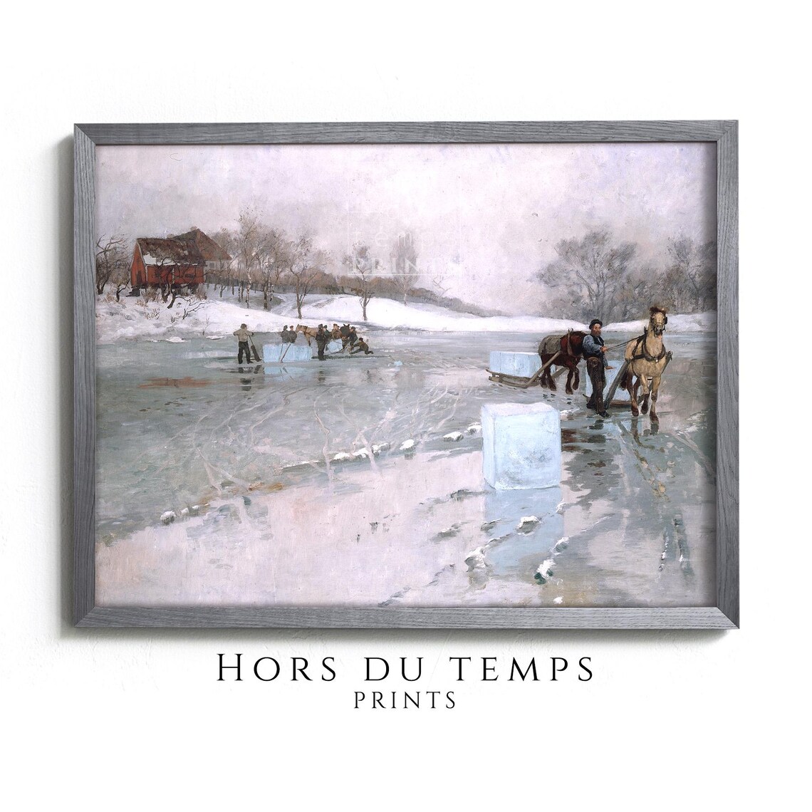 Vintage Ice Harvesting Frozen Lake Horse Sleds Antique Scene Poster