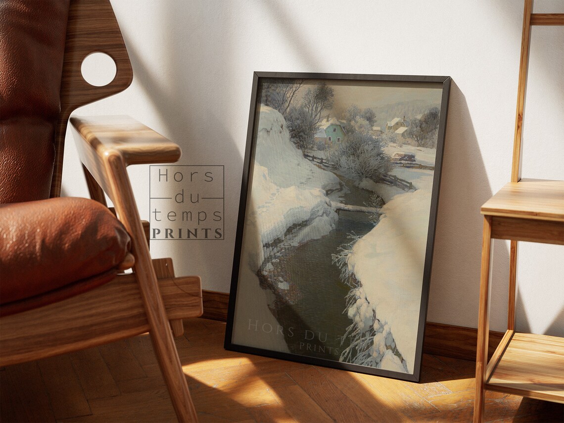 Snow Lined Stream to a Winter Village Vintage Landscape Art Poster - Image 2