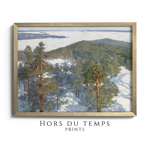 Snowy Pine Hillside Frozen Lake View Tranquil Winter Forest Oil Poster