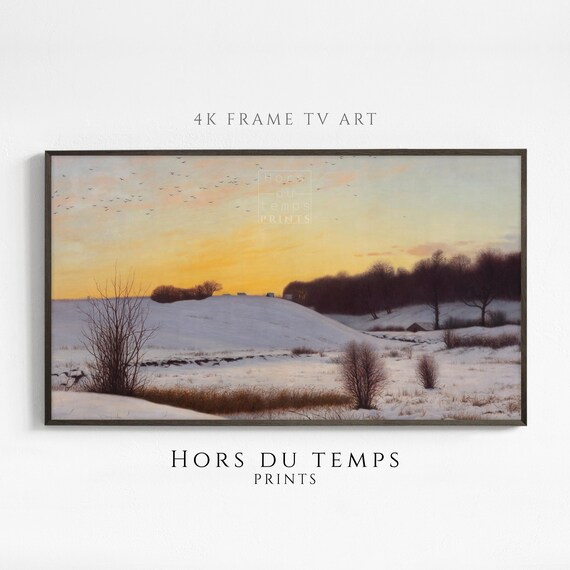 Golden Sunset Over Snowy Fields Birds Flying Vintage Winter Painting Poster