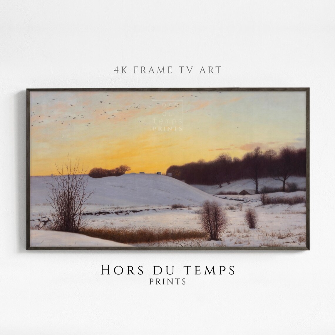 Golden Sunset Over Snowy Fields Birds Flying Vintage Winter Painting Poster
